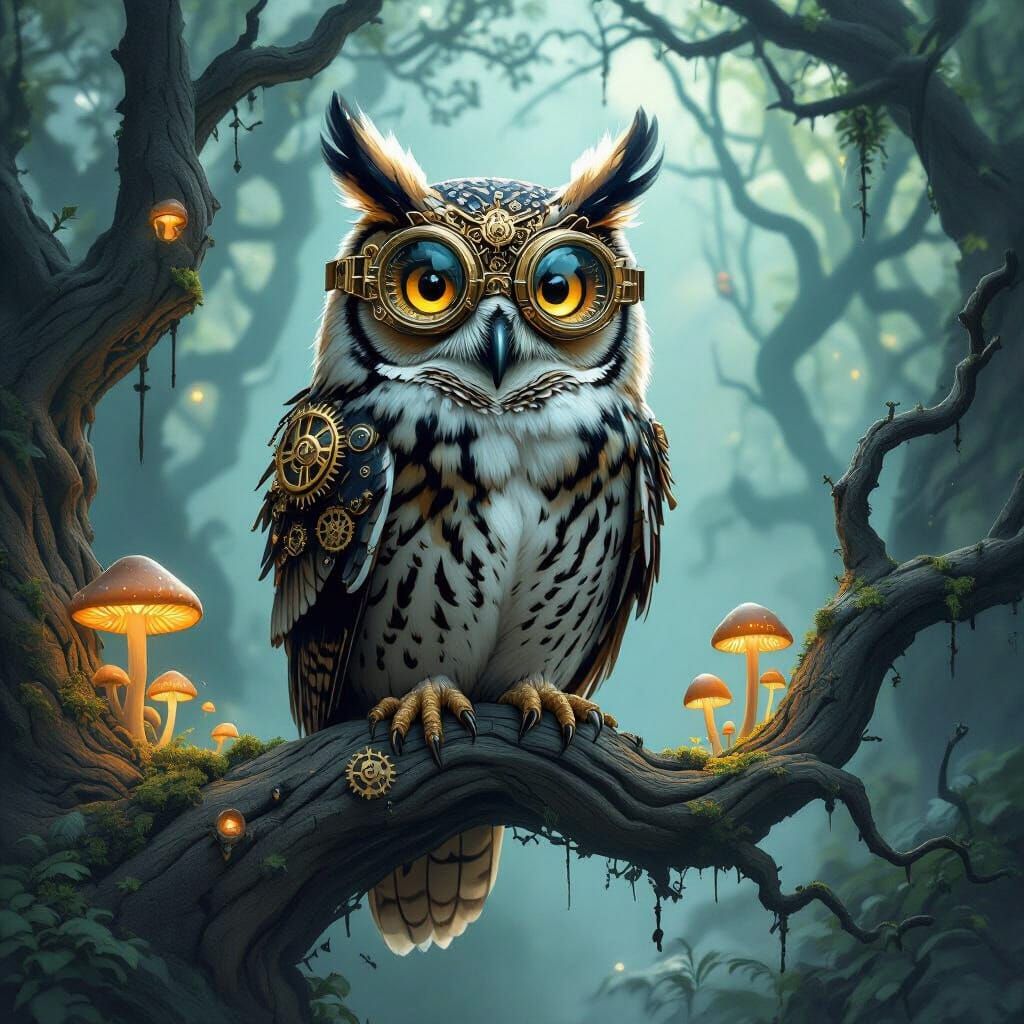 Majestic Steampunk Owl in Enchanted Forest