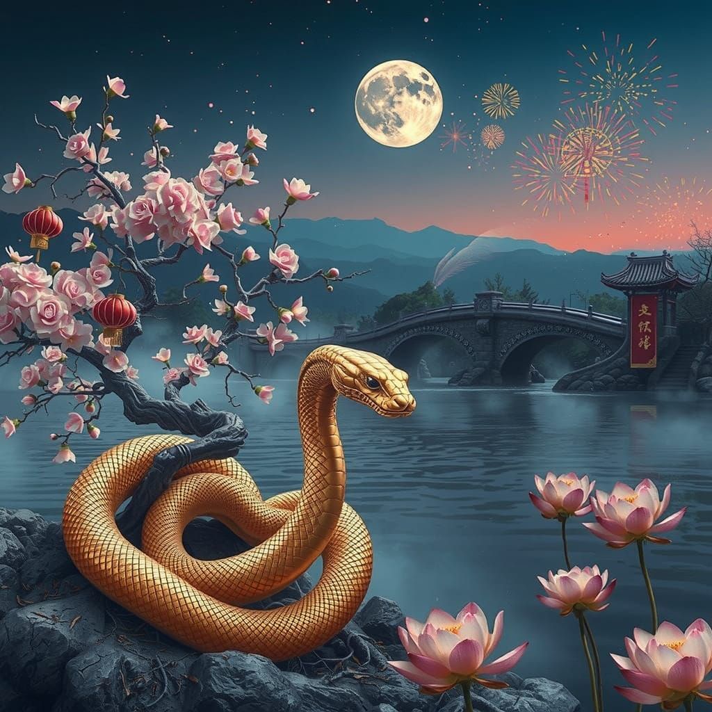 Golden Snake Adorns Plum Blossom Tree in Serene Chinese Land...