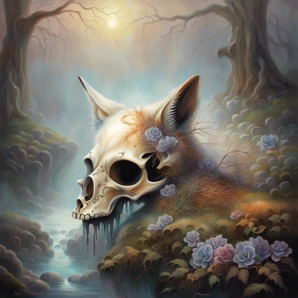 Ethereal Fox Skull in Decaying Nature Scene