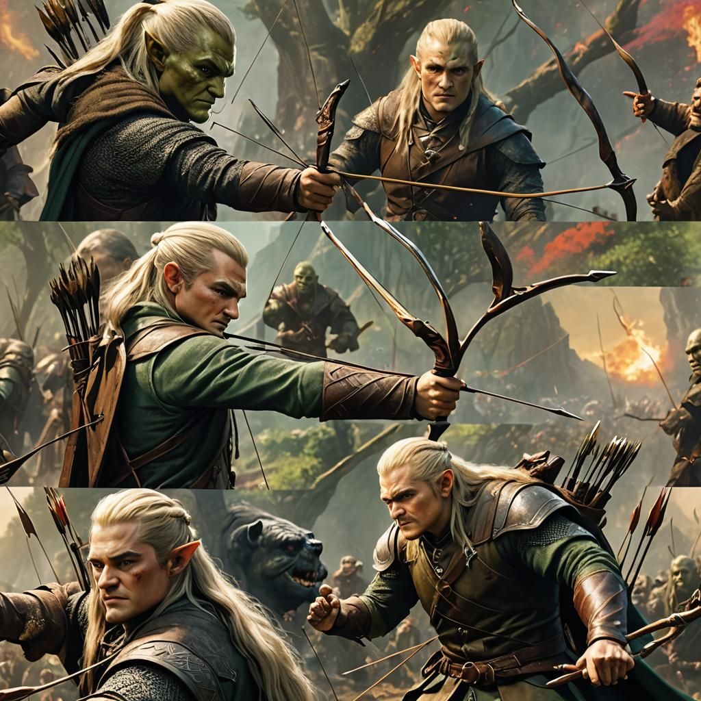 Hyperrealistic Legolas Shooting Arrow at Orc