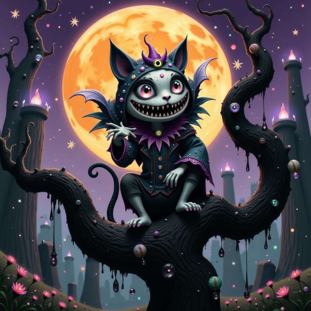 Grotesque Cheshire Cat on Twisted Tree Branch