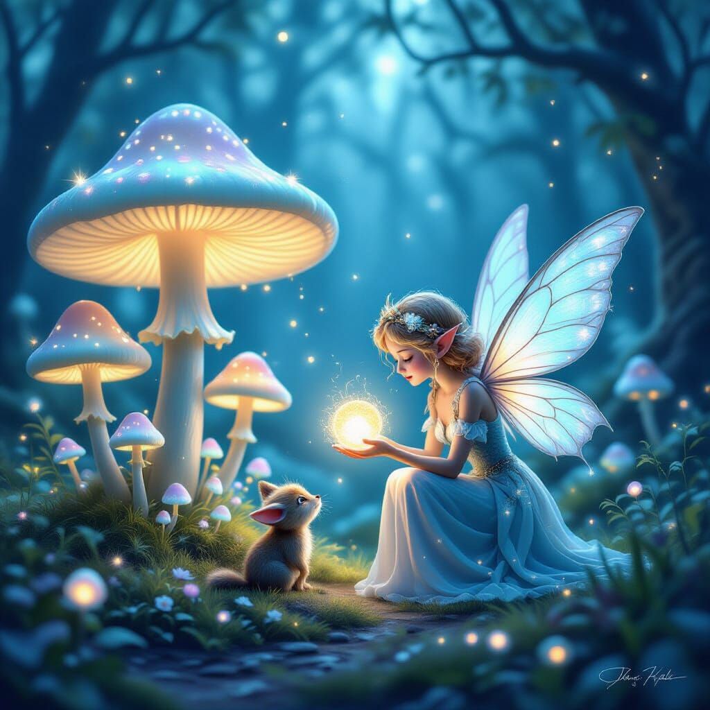 Bioluminescent Fairies Tend Luminous Mushrooms in Twilight F...