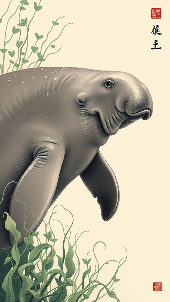 Majestic Dugong in Ancient Chinese Art Style