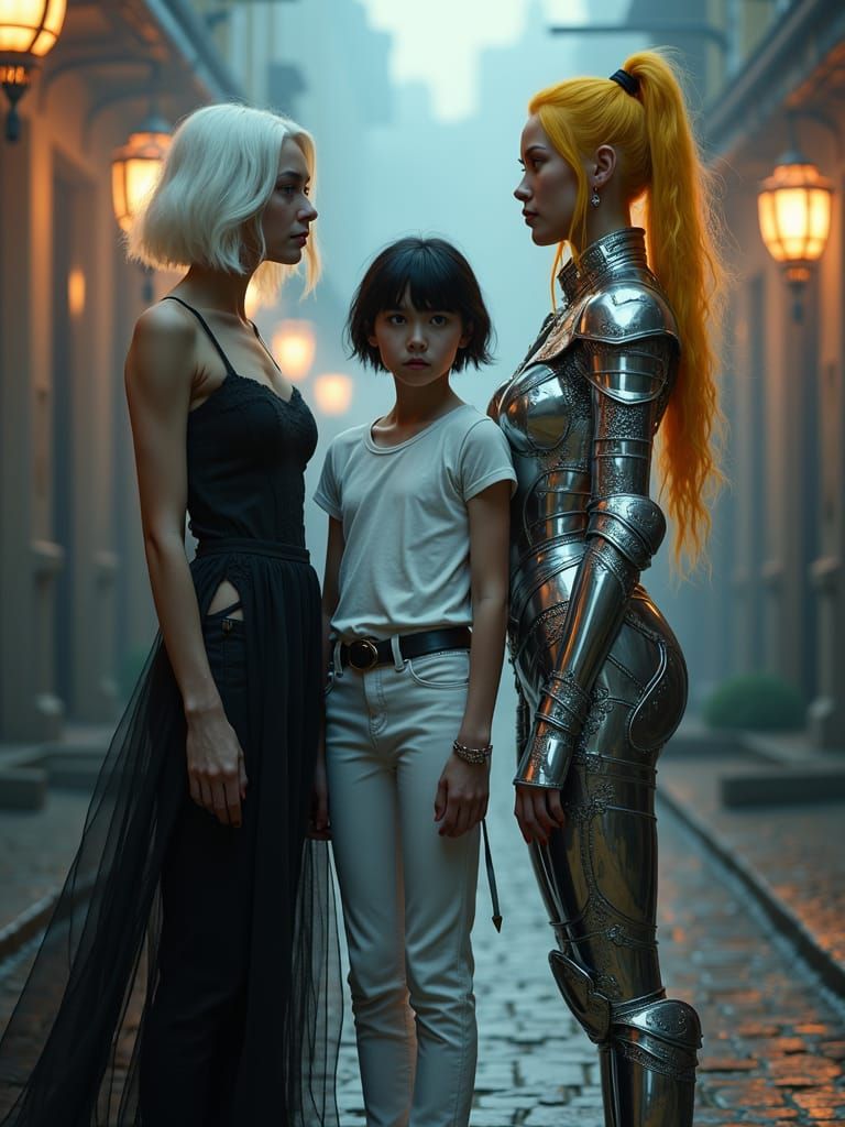 Mystical Cyberpunk Women on Foggy Street at Dusk