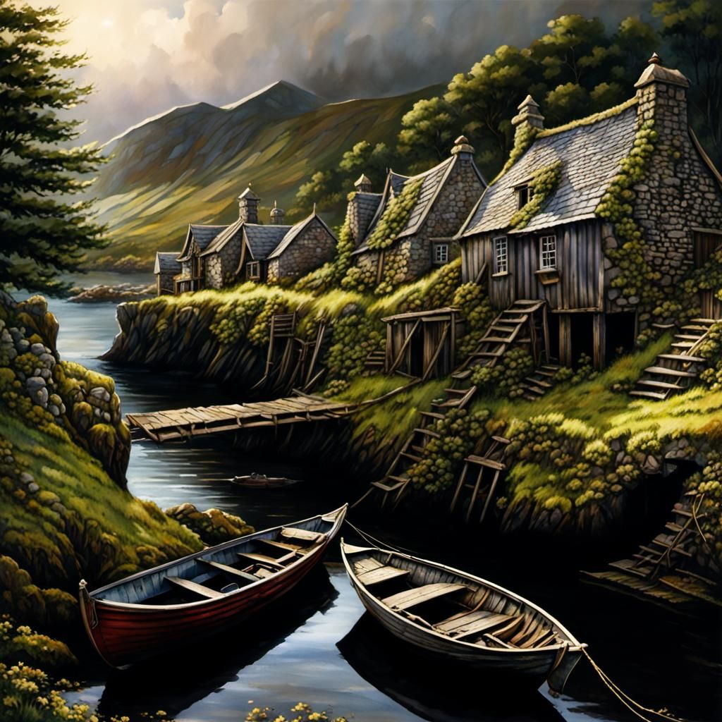 Ancient seaside village in the scottish highlands, old wood dock falling apart, old boats sinking, old stone houses, bar...