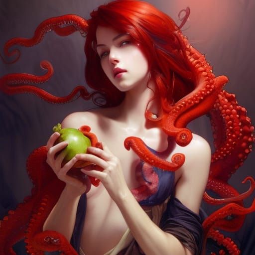 Red Octopus Hair Girl Eating Apple, Digital Art