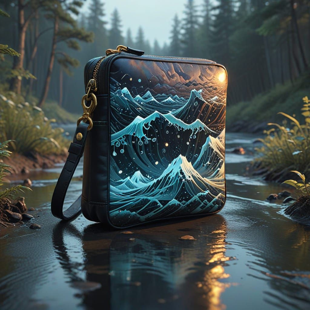 Ethereal Leather Pouch with Iridescent Patterns and Golden G...