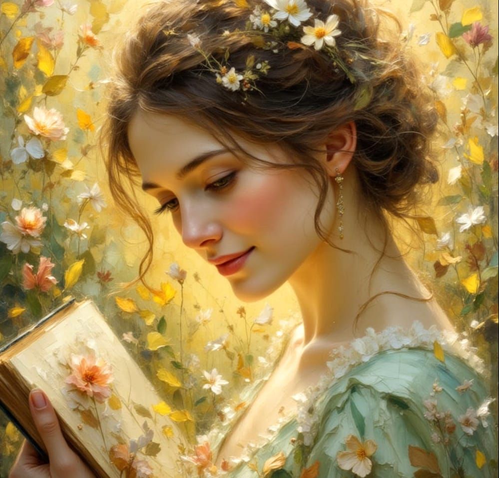 Romantic Era Lady Reading, as Impasto Painting