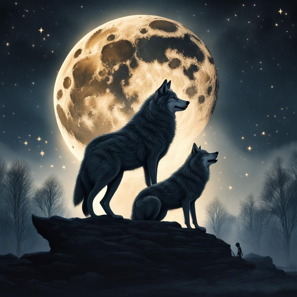 Wolf Couple Under a Starry Night Sky