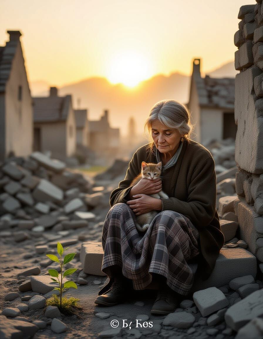 Hope Amidst Ruins: Old Woman and Kitten in Dawn Light
