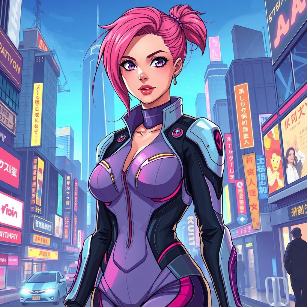 Sci-Fi Woman in Neon Cityscape: Manga Scan Aesthetic