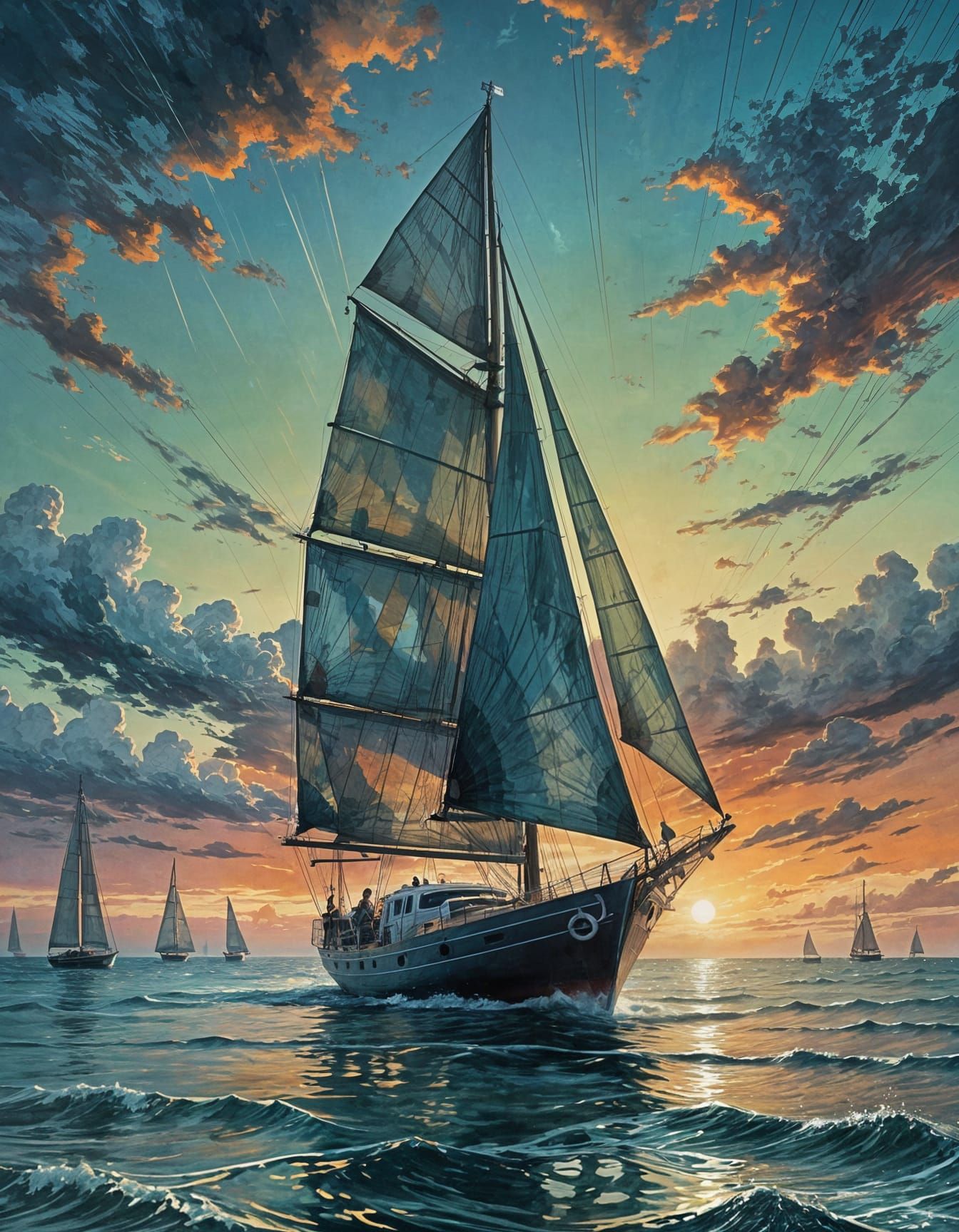 Jonque Sailing Boat at Sunset in Impasto Style