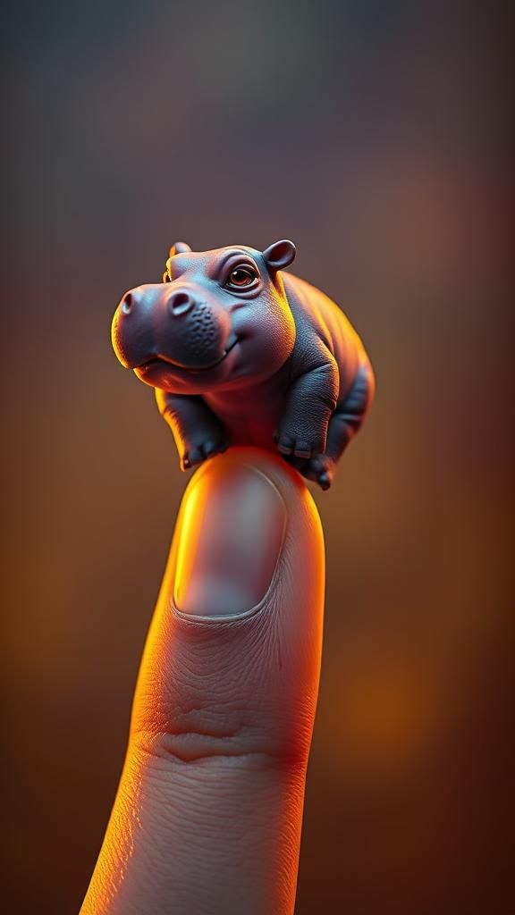 Mini Hippo on Finger, Hyperrealistic Digital Art