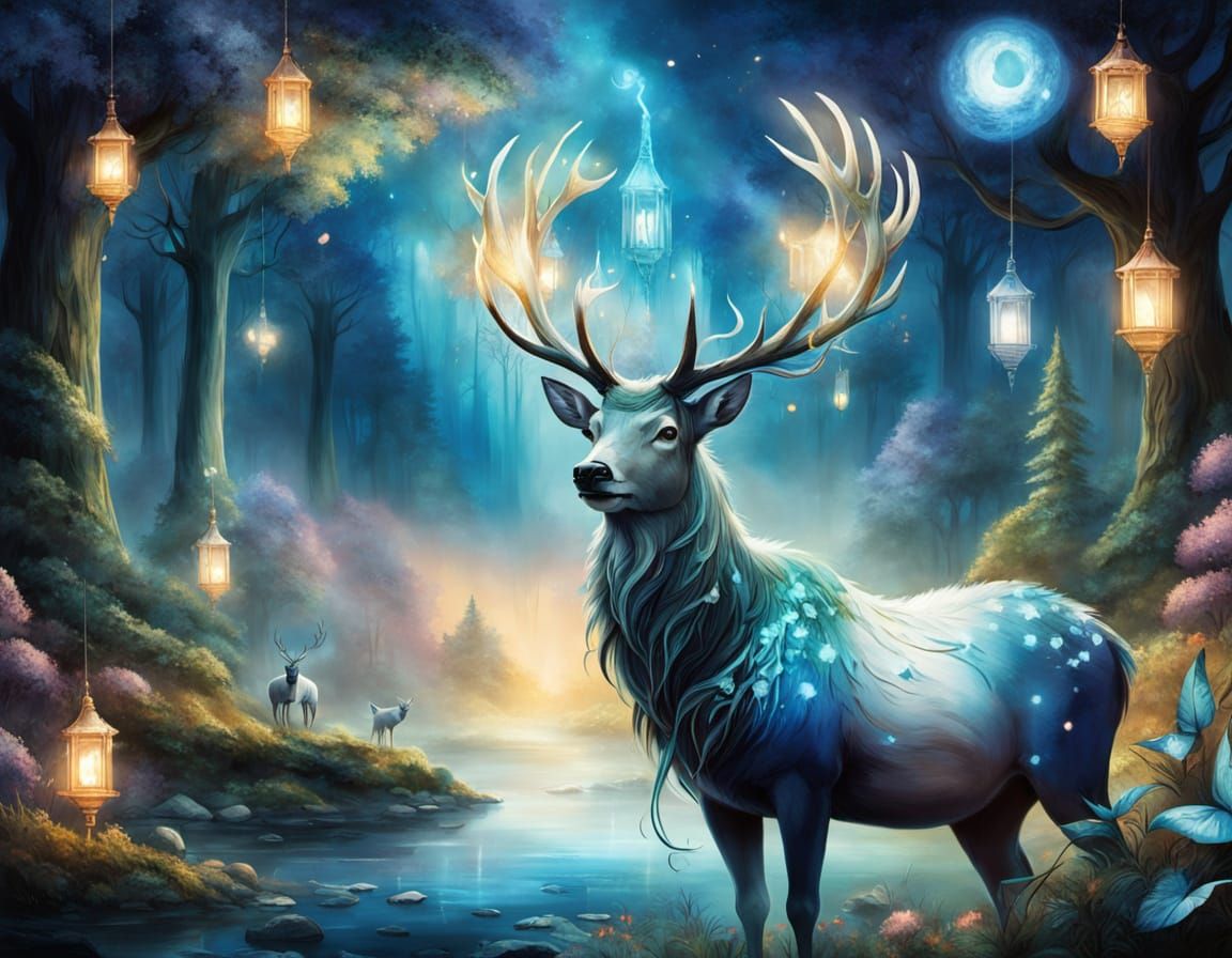 Ethereal Stag in Bioluminescent Forest: Surreal Watercolor