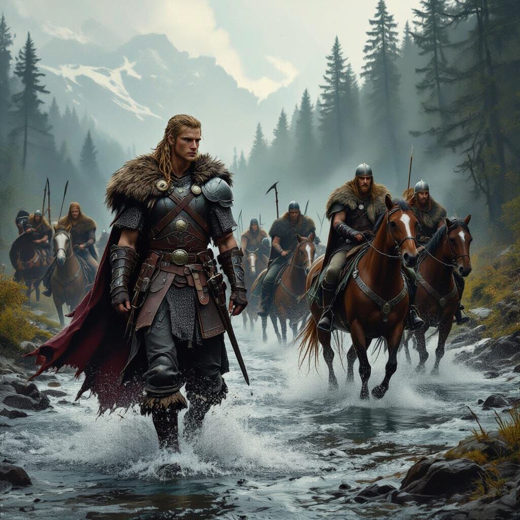 Viking Prince Leads Warriors Across Rushing River
