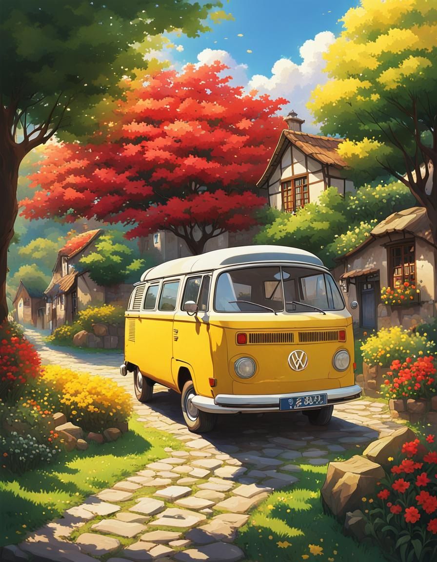Serene Rural Scene with Yellow VW Van in Anime Style