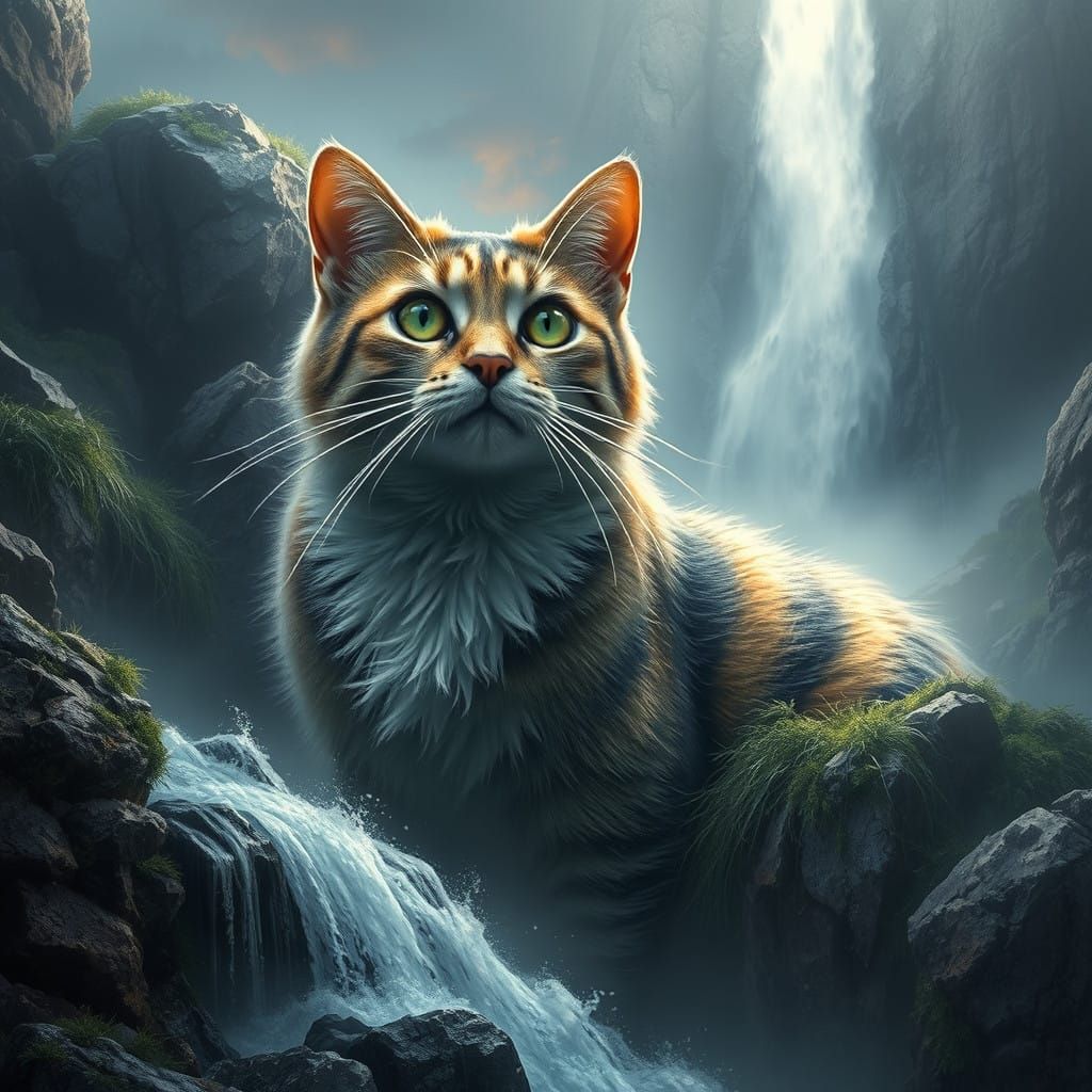 Epic Cinematic Digital Landscape with Majestic Cat and Water...