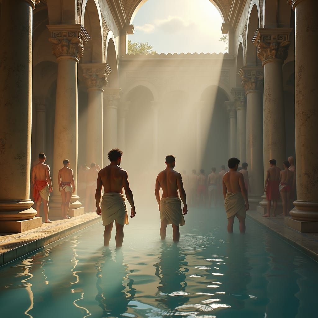 Roman Bathhouse Scene in Fantasy Art Style