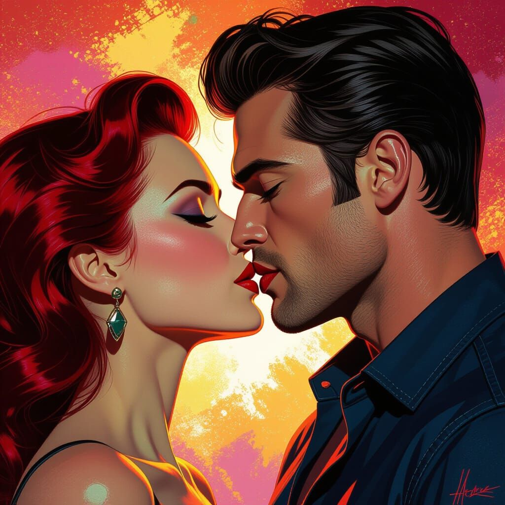 Hyperrealistic Kiss with Red Lips and Dramatic Lighting