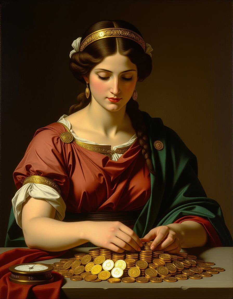 Roman Woman Counting Gold Coins in Michelangelo Fresco Style