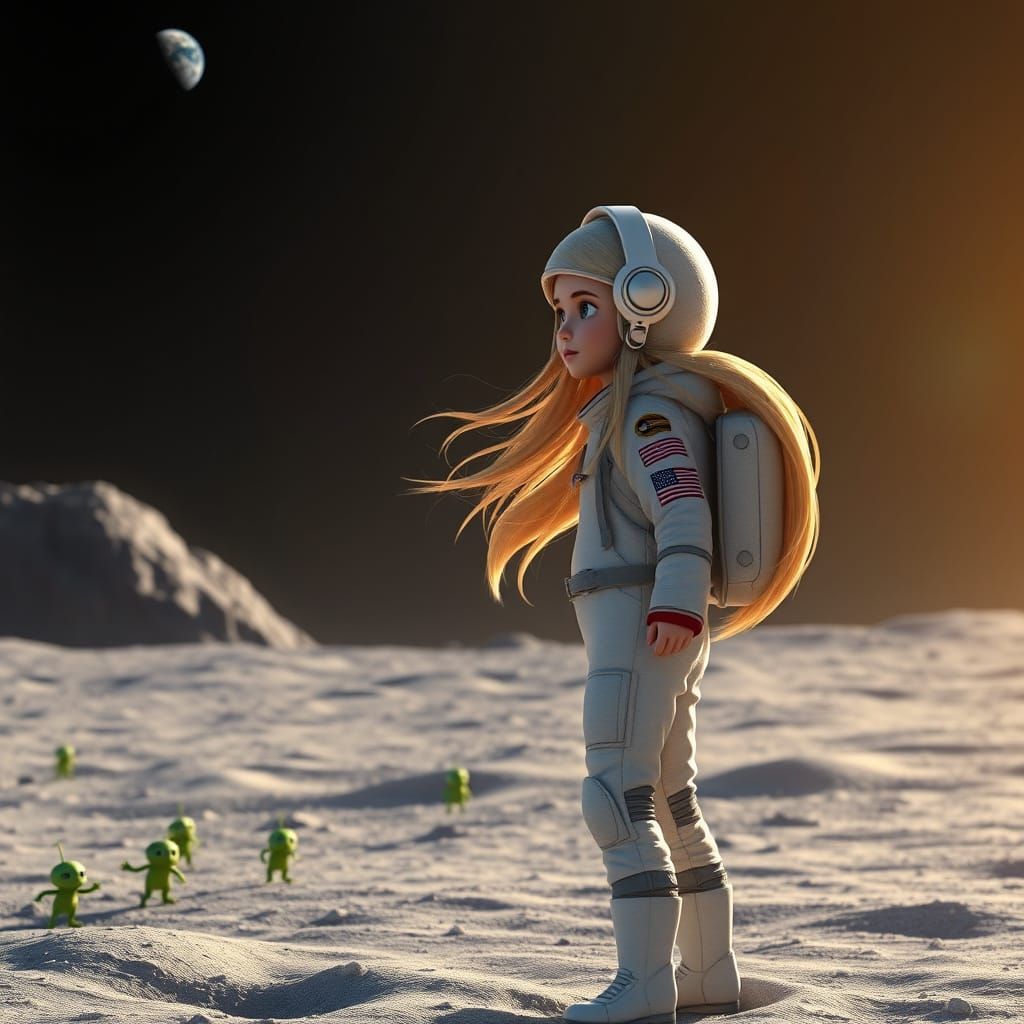 Girl in Austronat Suit Stands on Moon Amidst Green Aliens an...