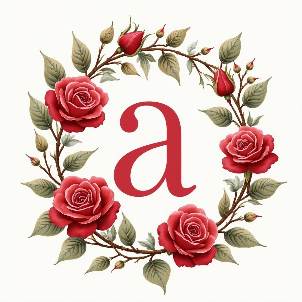 Vibrant Red 'a' in Script Font with Rose Wreath