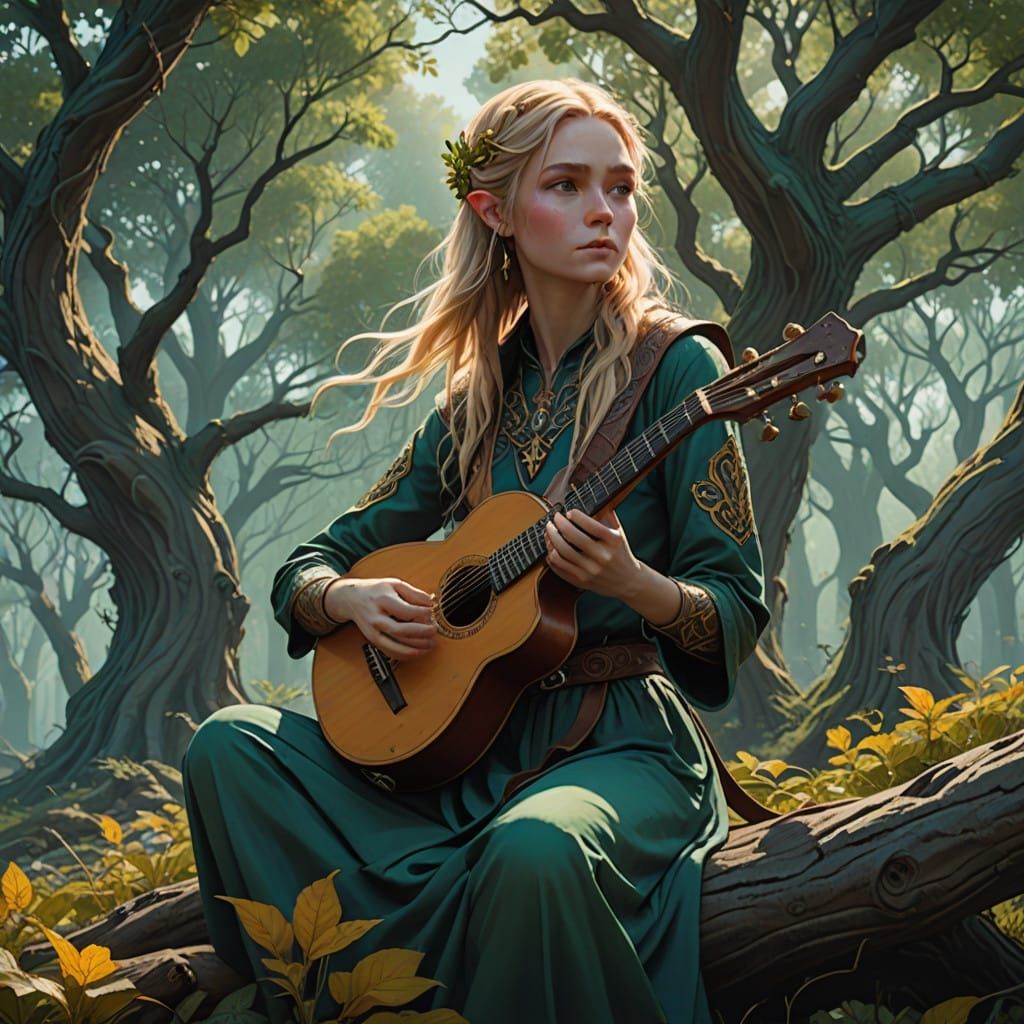 Elven Teen Girl Plays Mandolin under Ancient Tree in Whimsic...