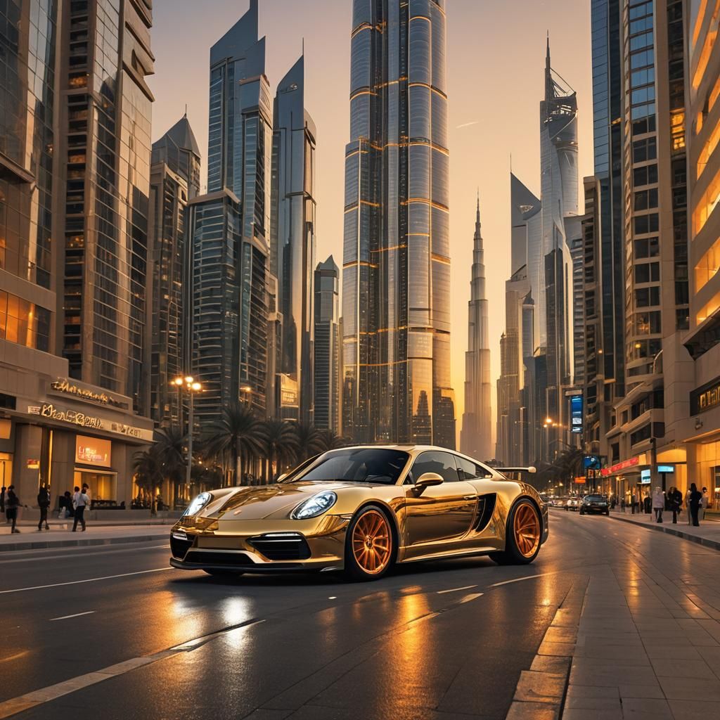 Futuristic Gold Porsche Cruises Dubai at Twilight