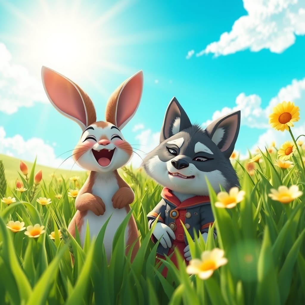 Laughing Bunny with Wolf in Anime-Style Wheat Field