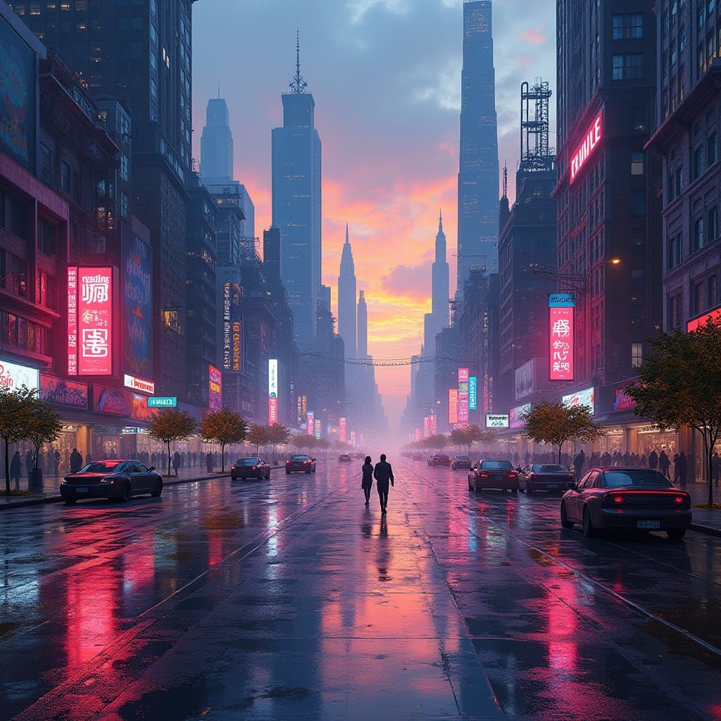 Futuristic Cityscape at Dusk, Neon Lights, Vibrant Street Ar...