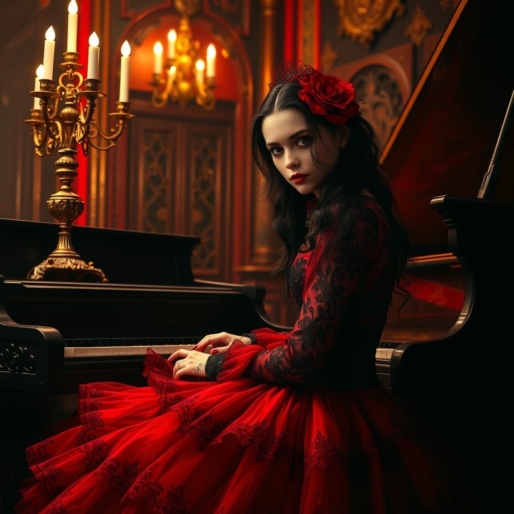 Gothic Girl Plays Piano in Opulent Room