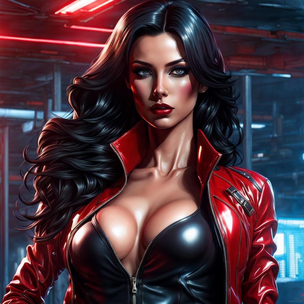 Beautiful Woman in Red Latex Jacket Fantasy Art