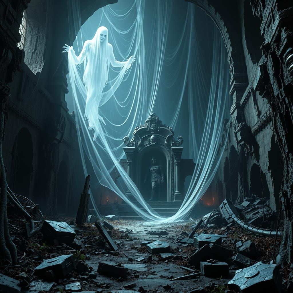 Ominous Spirit in Abandoned Garden: Cinematic Sci-Fi Horror