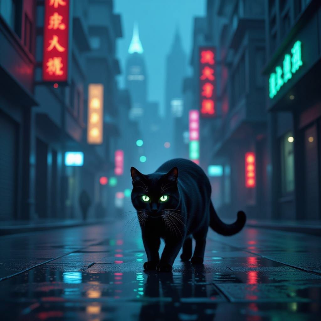 Obsidian Cat in Neon Cityscape at Twilight