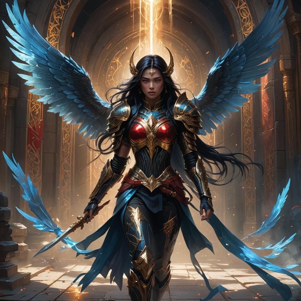 Warrior Stepping Through Portal with Ethereal Wings