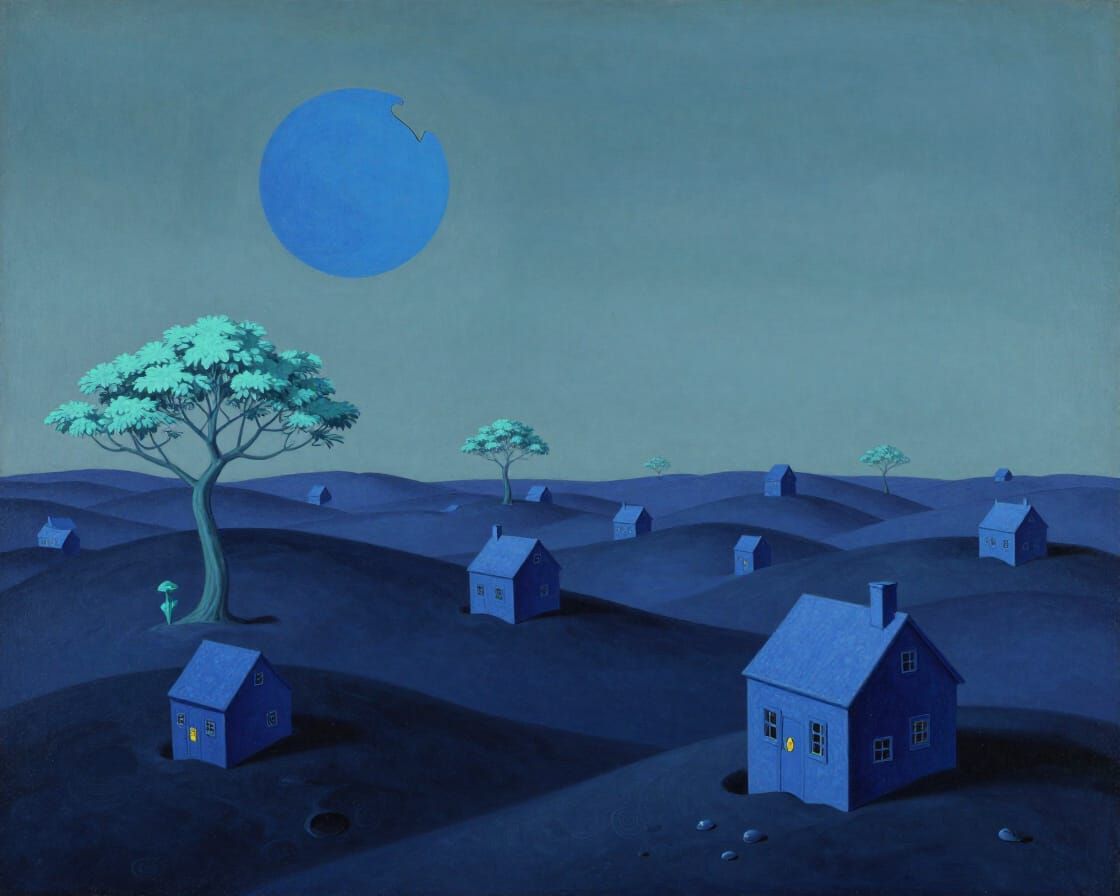 Surreal Landscape with Molten Hills and Flying Trees