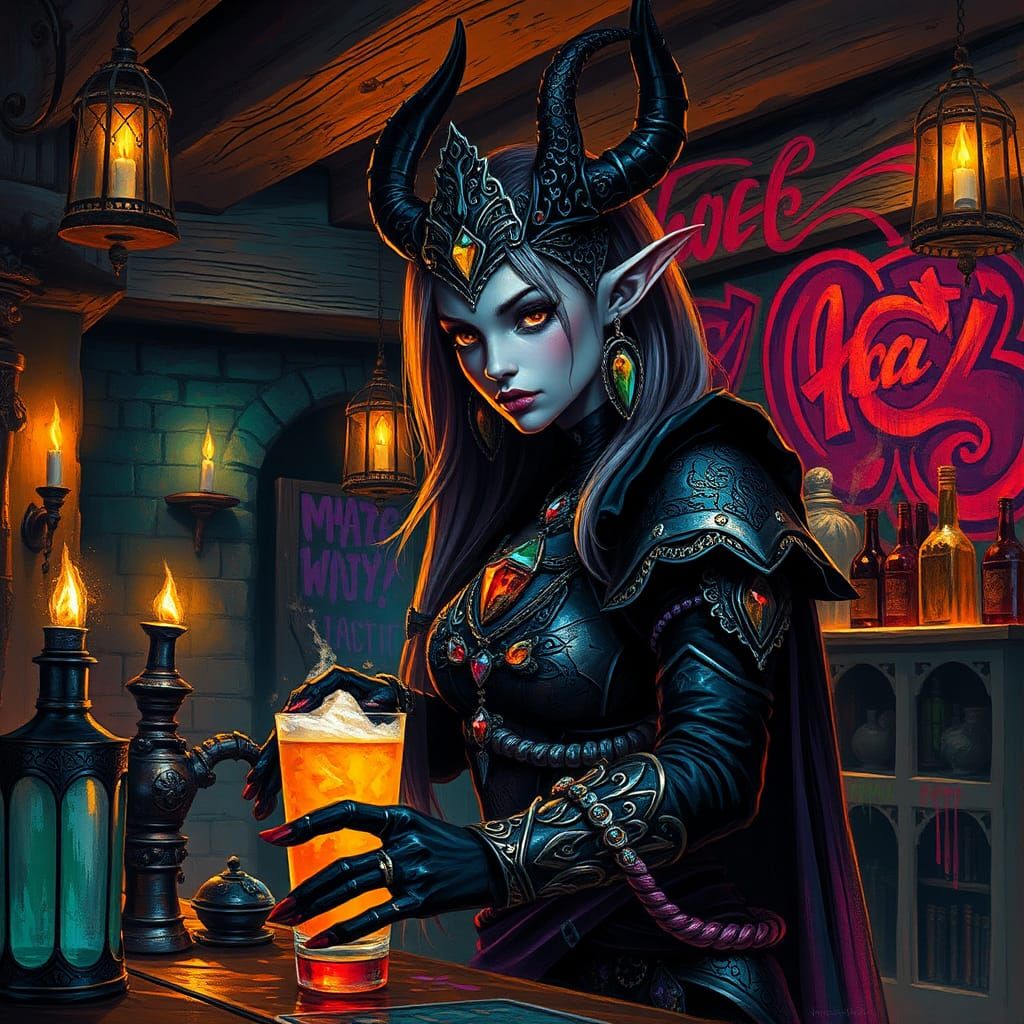 Enchanting Drow Bartender in a Mystical Tavern