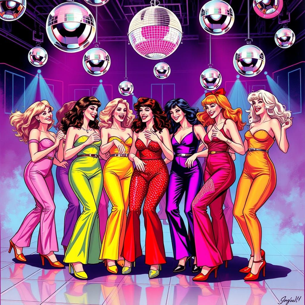 Vibrant Disco Goddesses Dance Under Neon Lights