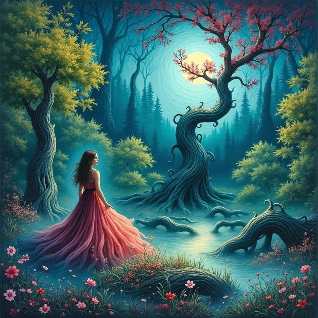 Mystical Woman in Dark Forest, Gothic Art Style