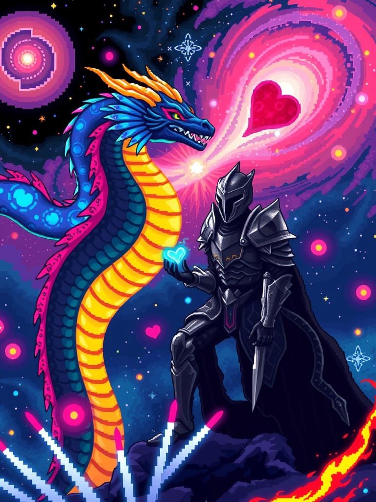 Cosmic Knight and Rainbow Dragon in 16-Bit Pixel Art