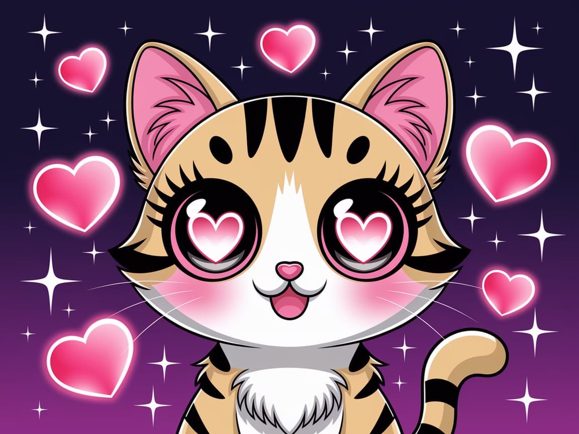 Kawaii Cat with Heart Eyes in Anime Style