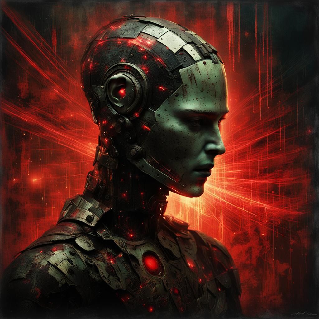 Android Nourishing Itself with Radiant Hearts