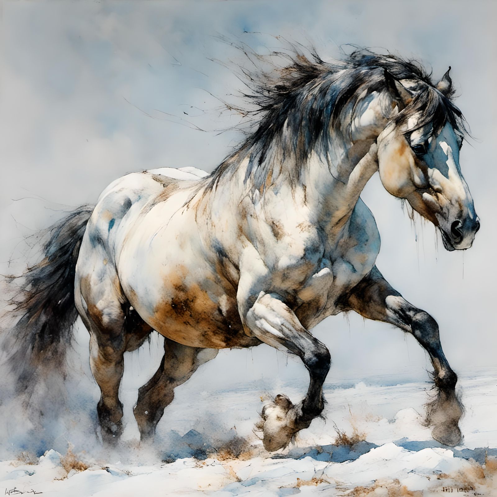 Wild Horse Paws Snow in Lora Style