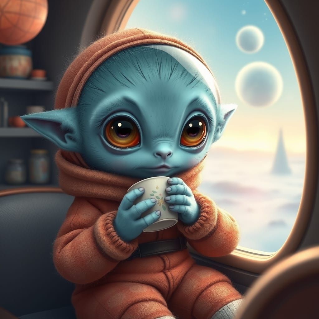 Fluffy Blue Alien Sipping Tea in Cozy Cafe
