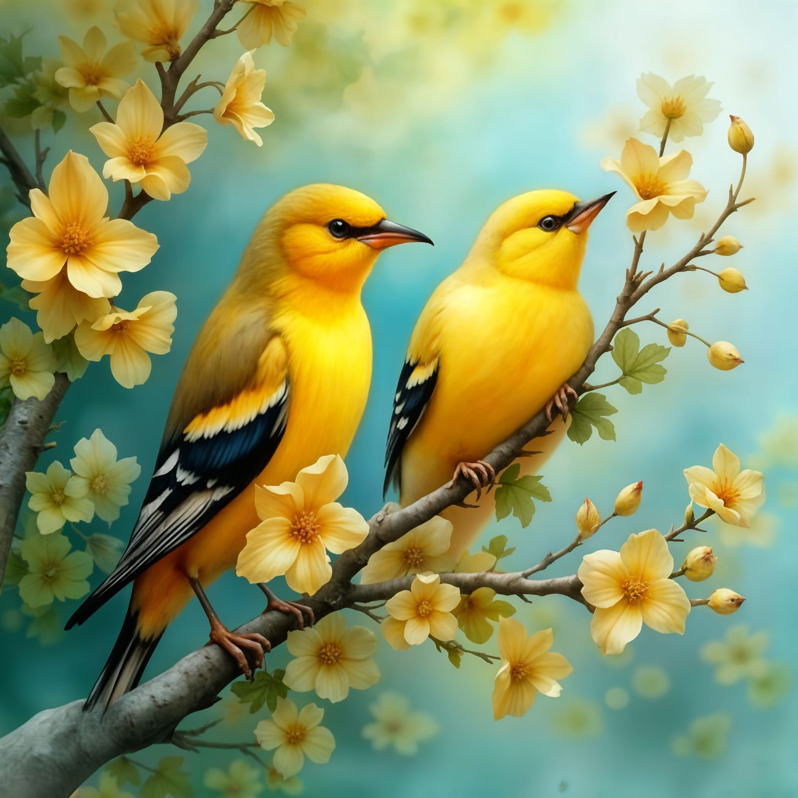 Two Golden Finch Birds on a Flowering Branch