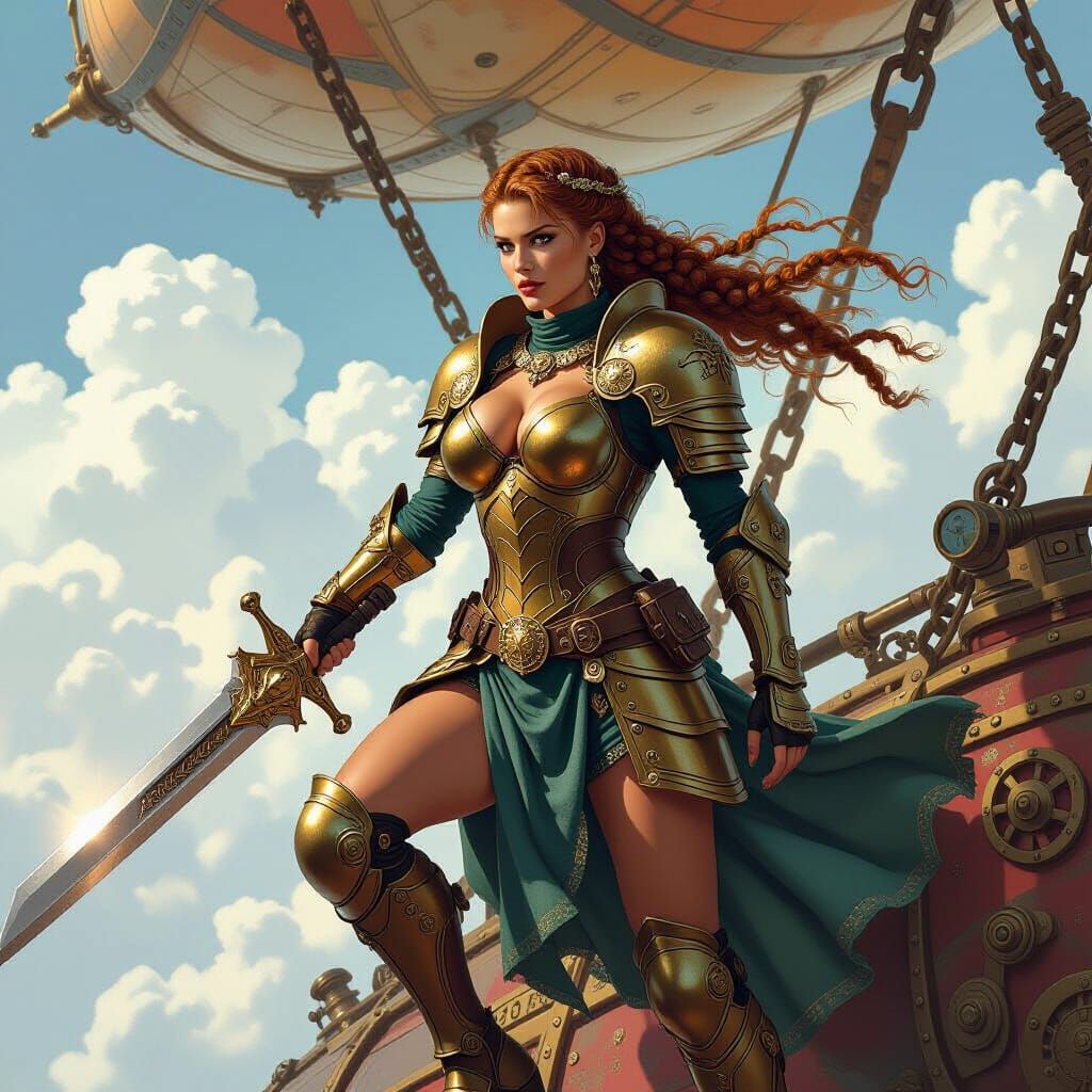 Valkyrie Warrior on Steampunk Airship with Dramatic Lighting