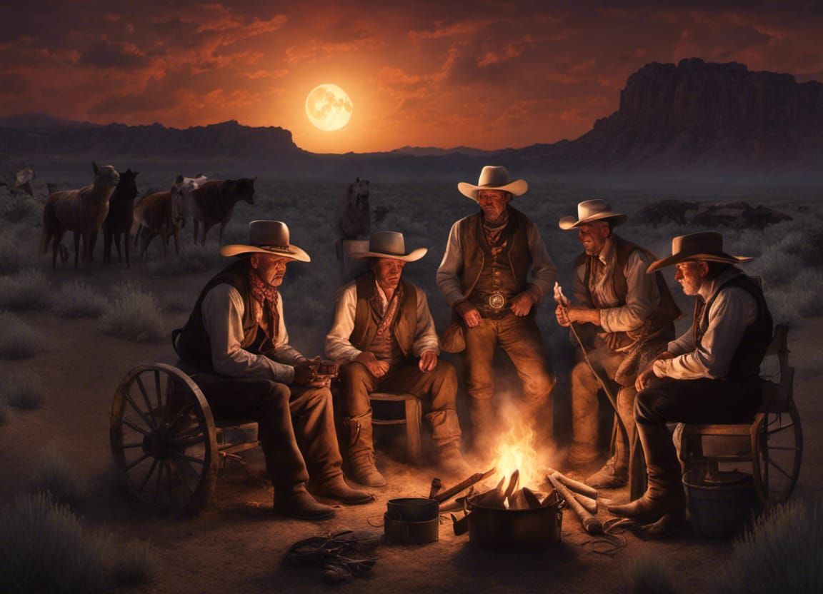 Wild West, Cowboys Sitting Around the Campfire Eatin and Singin, Coyotes Howling