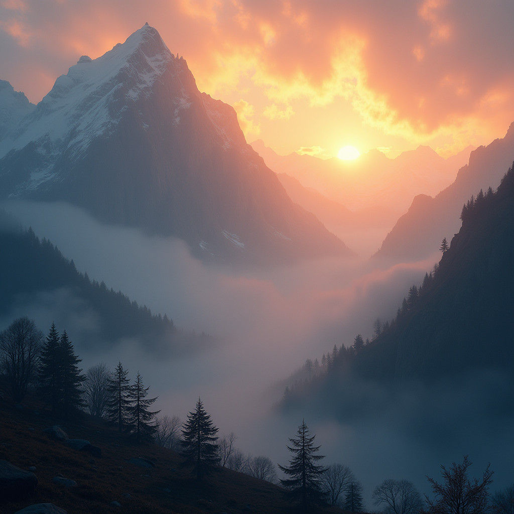 Mystical Sunrise Over Mist-Shrouded Mountains