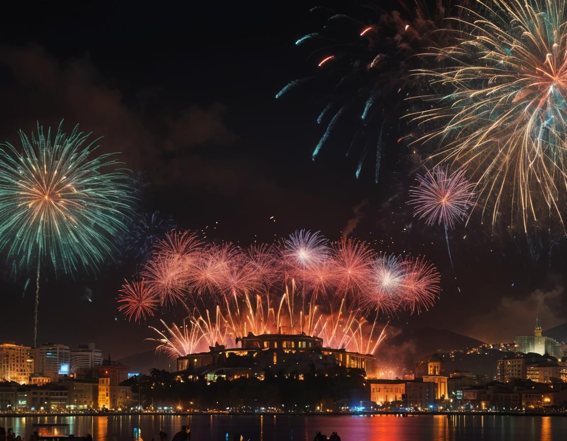 Izmir Cityscape Celebration with Fireworks and Neon Lights
