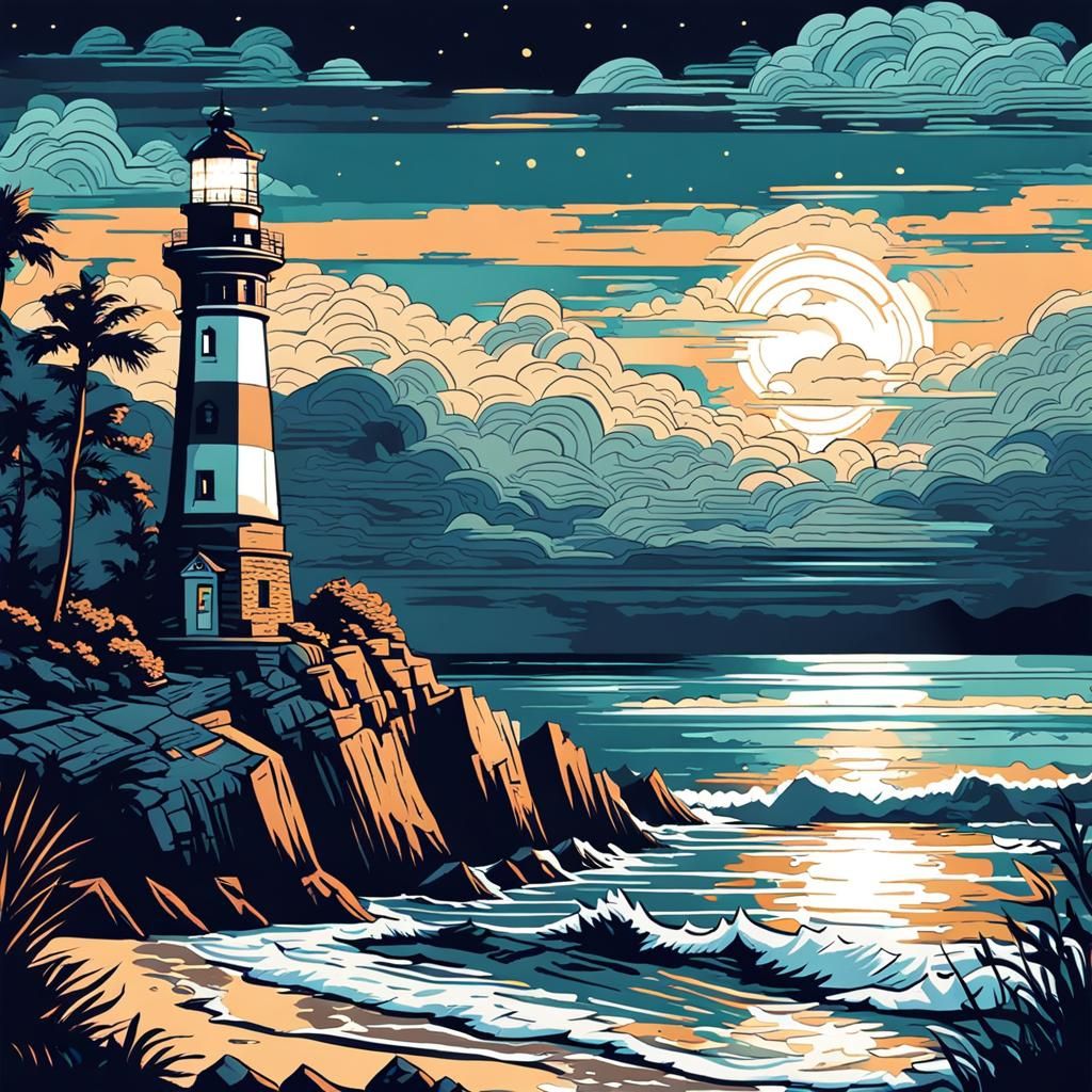 Night Seascape: Lighthouse in Graphic Novel Style